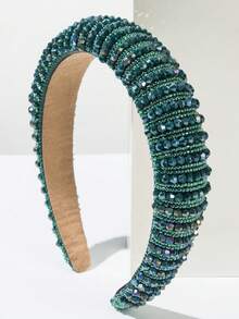 1 peça de tiara de cabelo coreana elegante, de cor sólida, feita à mão com miçangas e cristais; acessório de cabelo brilhante de alta qualidade, elegante e versátil, com coroa alta e esponja. - FG582-Verde - Ver 5