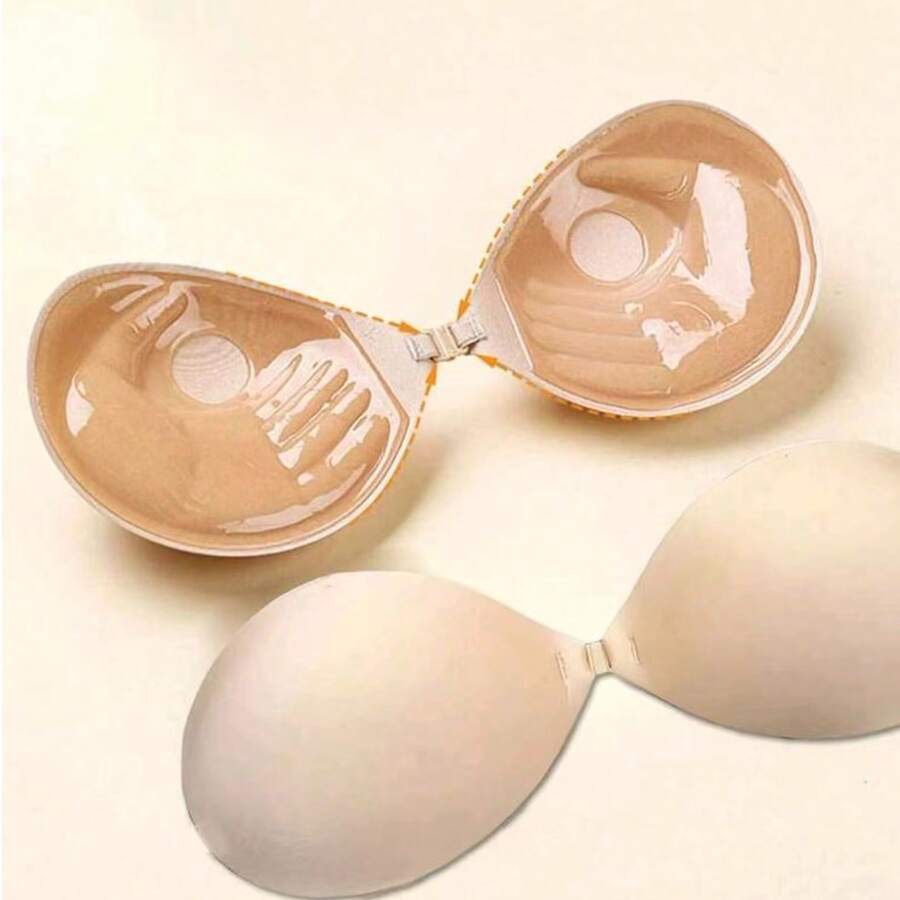 隐形无肩带粘性胸贴掌杯硅胶乳贴加厚3厘米聚拢小号胸部增强器乳贴提拉胸部隐形内衣吊带裙婚纱 - 杏色 - 查看 1