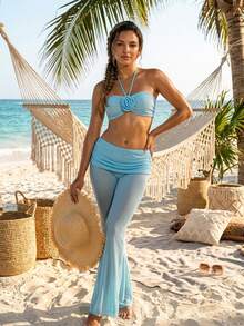 Trendy3-Piece Swimsuit Set For Women – Light Blue Halter Top + High-Waisted Bottoms + Flowing Pants – Beach Cover Up Swimwear Set, Summer Vacation Bikini Outfit, Boho Chic Swim Fashio - 藍色 - 查看 3