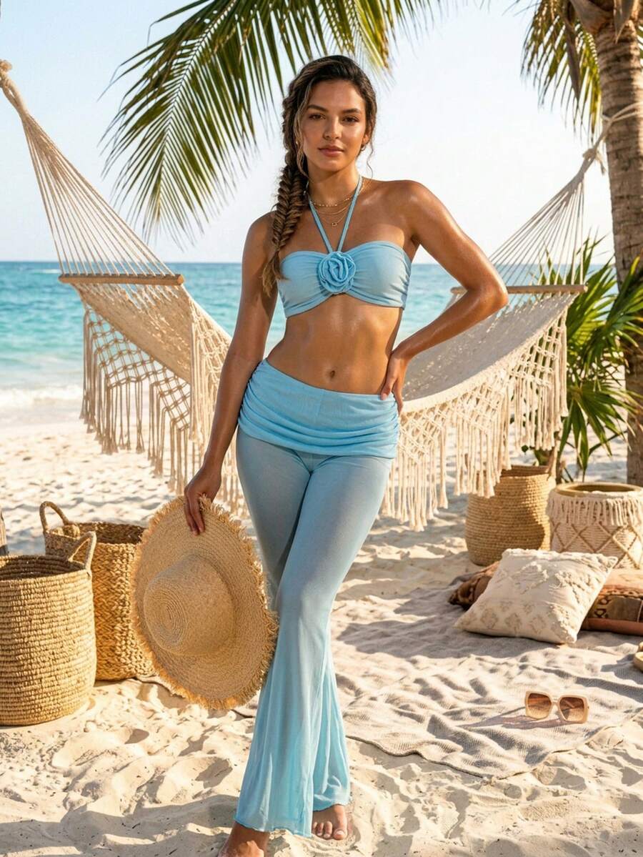 Trendy3-Piece Swimsuit Set For Women – Light Blue Halter Top + High-Waisted Bottoms + Flowing Pants – Beach Cover Up Swimwear Set, Summer Vacation Bikini Outfit, Boho Chic Swim Fashio - 藍色 - 查看 1