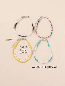4pcs Colorful Beaded Multi-Layer Anklets, Bohemian Beach Accessories For Women - Yellow Color B - View 3
