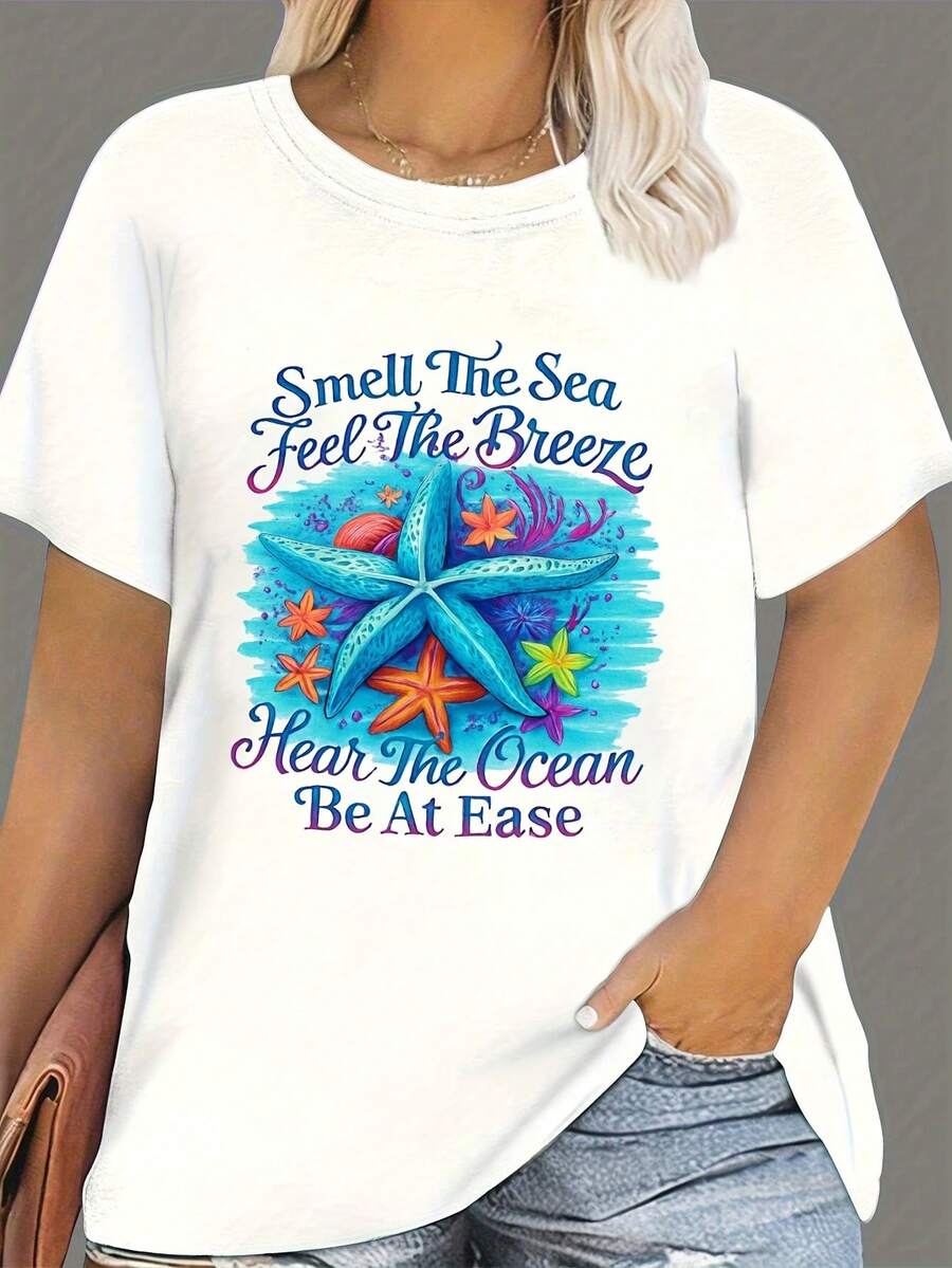 Plus Size - Plus Size - Breathe In Ocean, Enjoy Gentle Wind, Listen To Waves, And Relax Starfish Design-Shirt - Women'S Short Sleeve Round Neck Casual Top Beach Getaways - Comfortable And Airy Summer Tee - Present B - 白色 - 查看 1