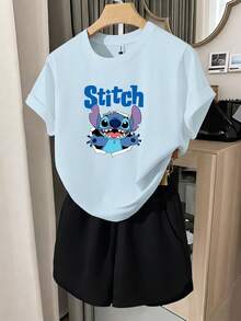 2pcs Tween Girl Disney Lilo & Stitch Ripped Creative Unisex Kids T-Shirt & Shorts Set, Cotton Breathable Summer Casual Versatile Short Sleeve Set, Children's Sporty Style Cartoon Print T-Shirt Set, Suitable For Daily Wear, Versatile And Not Stuffy, Ideal For Spring And Summer Wear, Vacations, Outdoor Activities, Amusement Park Outfits, And Can Also Be Used As Children's Gifts. - Nhiều màu - Xem 9