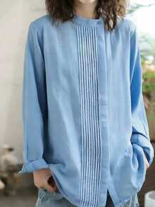 Plus Size Solid Color Casual Loose Side Pleated Collar Blouse Spring - Blue - View 1