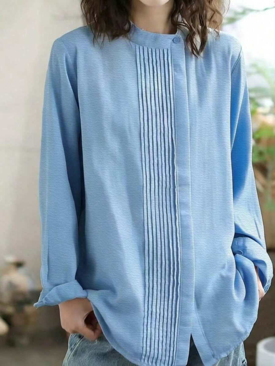 Plus Size Solid Color Casual Loose Side Pleated Collar Blouse Spring - Blue - View 1