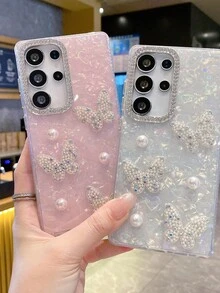 适用于 17 Pro Max、17 和 16 Pro 的镶钻珍珠蝴蝶手机壳，带镜头膜，15 英寸全包防摔，14/13 英寸创意高端保护壳，12 英寸女士款 - 白色 - 查看 6