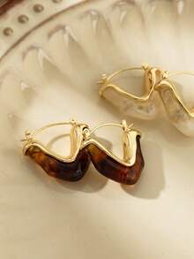 6-1Pair Elegant Vintage U-Shaped Hoop Earrings With Golden-Tone Finish & Resin Inlay – Stylish Everyday Accessory For Women, Perfect Gift - Multicolor - View 12