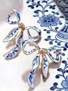 1 Set Retro Blue & White Butterfly Enamel Ribbon Earrings, Fashionable Ceramic Painting Earrings For Women - Multicolor - View 2