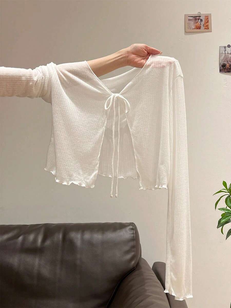Áo khoác dệt kim kiểu Pháp lãng mạn buộc dây, hàng mới về mùa hè dành cho nữ, áo khoác ngắn tay dài nhẹ nhàng viền bèo nhún, kiểu dáng thường ngày. - trắng - Xem 1