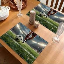 4pcs Square Football Theme Placemats, Combining Football Pattern And Football Field. Size: 30*45cm, Suitable For Dining Table And Indoor Decor. This Washable Placemat Set Makes A Great Gift. - Multicolor - View 6