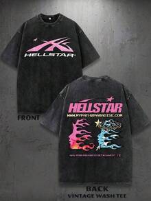 T Shirt Print ,Graphic-Cotton Tees Size Plus, Cartoon Round Neck Short Sleeve, Y2K Vintage T Shirts |   Graphic Tees |    Hel&Star Logo With Flames And Stars |   Streetwear |   Thanksgiving Gifts |   Gifts For Men |   100% Cotton |   230Gsm Thickened Fabric |   Unisex ,Y2K,Oversized Shirt Men,With Shirt,Summer Tops,Shirt Suitable - 黑色 - 查看 1