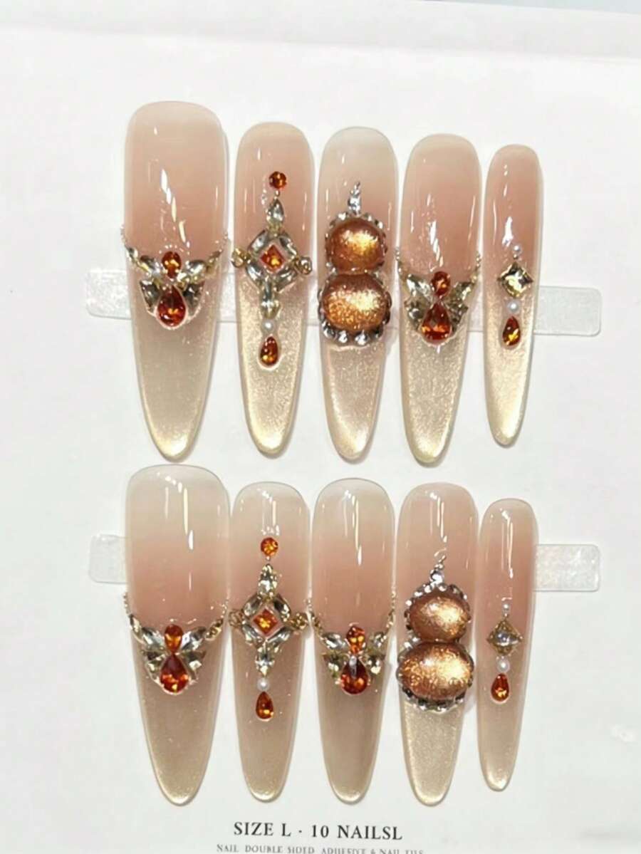 10Pcs Amber Rhinestone Cat Eye Press-On Nails, Long Coffin Gradient False Nails With 3D Gems, Reusable Luxury Manicure For Women Wedding Party Prom - Coral Pink - View 1