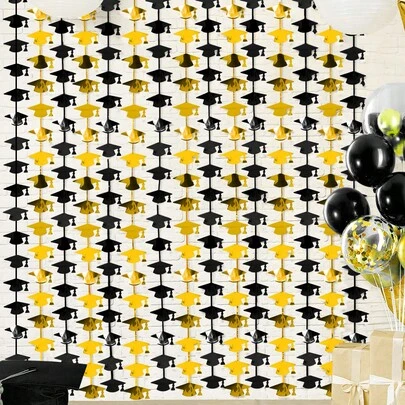 1pc Black And Gold Foil Fringe Curtain With Graduation Cap Pattern, 2026 Graduation Party Tinsel Metallic Curtains, Congrats Graduation Backdrop Decor, Photo Backdrop Streamer Curtain For Home Decor, Room Decor, Graduation Door Decor Wall Decor, Graduation Decorations, Graduation Party Supplies 2026, Graduation Gifts Birthday Decor