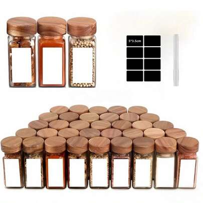12/24pcs Set Plastic Spice Jars With Pen & Labels, 5.6oz (160g) Square Spice Containers With Plastic Wood Lids, Seasoning Canisters For Spice Racks, Cabinets Or Drawers