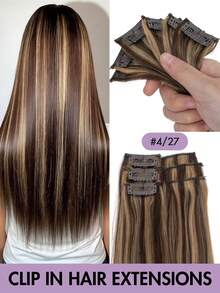 6pcs/Set 1pc Clip-In Hair Extensions, Real Human Hair, Straight, Ombre, Clip-In Real Hair, Party Natural Black Straight Hair, Women Clip-In Hair Extensions, Girls Cosplay And Party, Easy To Wear, Suitable For Christmas - Multicolor - View 30