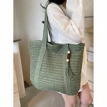Straw Beach Bag For Women, Large Straw Beach Bag, Waterproof Woven Straw Shopping Bag, Woven Swimming Shopping Travel Bag, Straw Shopping Bag For Women, Suitable For Travel, Vacation, Sea, Everyday Life, Commuting, (Khaki/Beige/Green) - 綠色 - 查看 1
