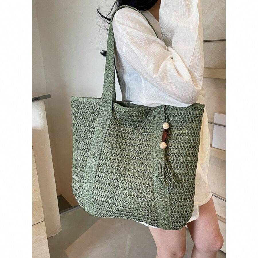 Straw Beach Bag For Women, Large Straw Beach Bag, Waterproof Woven Straw Shopping Bag, Woven Swimming Shopping Travel Bag, Straw Shopping Bag For Women, Suitable For Travel, Vacation, Sea, Everyday Life, Commuting, (Khaki/Beige/Green) - 綠色 - 查看 1