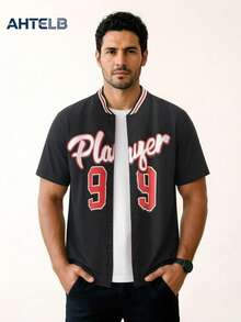 AHTELB 男士短袖条纹棒球衫，轻薄夏季街头服饰，黑色 - 黑色 - 查看 1