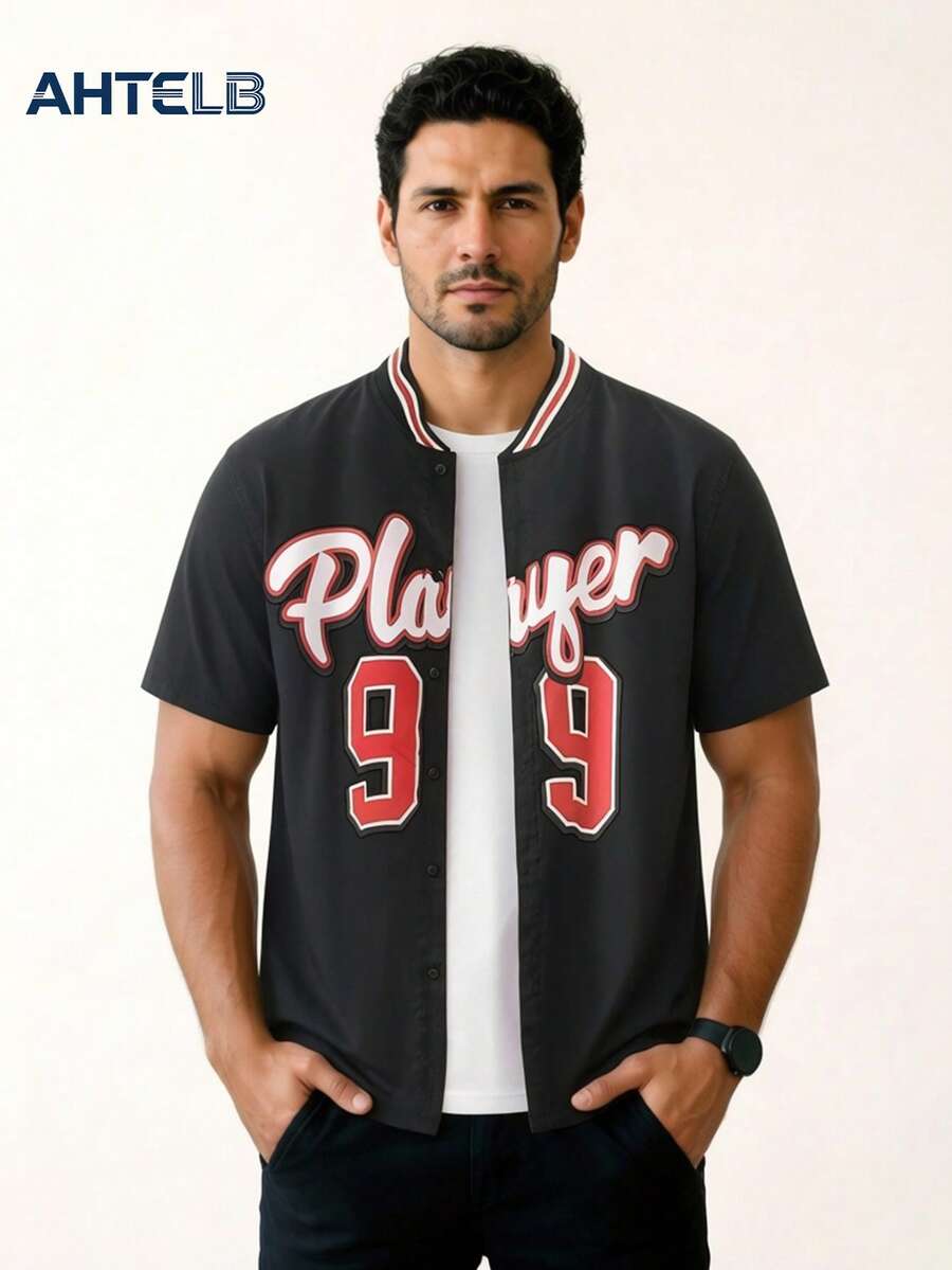 AHTELB 男士短袖条纹棒球衫，轻薄夏季街头服饰，黑色 - 黑色 - 查看 1