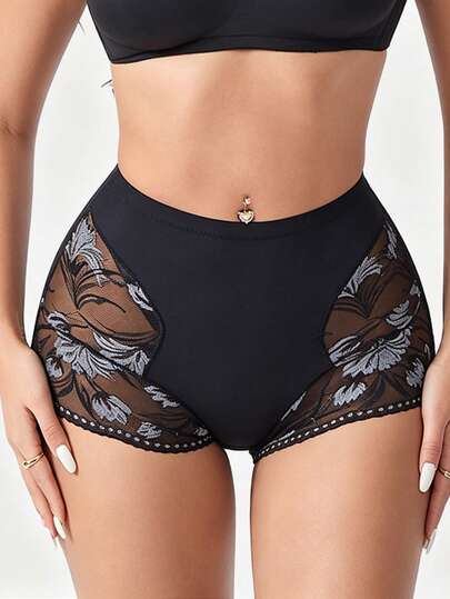 High Waist Lace Patchwork Shapewear Shorts, Black Slimming Underwear For Abdomen And Buttocks