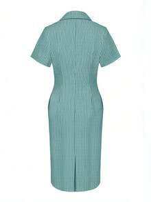 1 pezzo Elegante abito midi da donna in tessuto a righe, vita incrociata e arricciatura, abito a righe verticali aderente | Colletto a revers, vestito versatile da lavoro e casual, adatto per primavera ed estate - Blu menta - Visualizzare 4