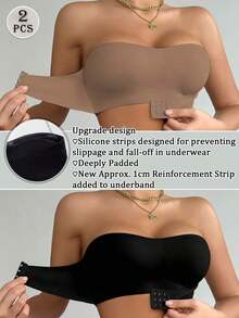 2pcs/Set Front Clasp Solid Color Strapless Bra With Upgraded Non-Slip Silicone Strips, Comfortable Wireless Bra With Cups, Non-Traditional Lift And Gather Bra Women, Black + Beige - 多色 11 - 查看 12