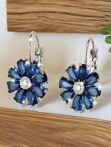 2pcs Fashionable Sunflower CZ Zirconia Encrusted Clip On Earrings For Women, Suitable For Holiday Gatherings & Outfits 8VRZ HTZC - 藍色 - 查看 4