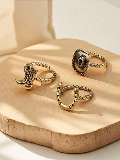 3pcs Vintage Horseshoe Boot, Hat And Ring Set In Antique Gold Tone Metal Material, Cowboy Style Suitable For Men & Women Everyday Wear, Holiday Gift REBD CDHD
