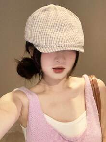 1pc Vintage Pink Plaid Beret Hat, New Summer Sun Protection Hat, Large Head Circumference, Versatile Peaked Cap For Women - A - View 4