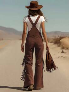 2026 New Retro Western Overalls For Women Suede Tassel Decorated Wide Leg Pants With Pockets Cowgirl Y2K Vintage Denim Jumpsuit Fashion  Fall Outfit - Màu Đỏ Sâu - Xem 2