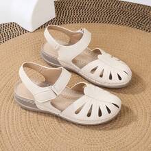 1 Pair Lightweight, Comfortable, Commute-Friendly Handmade Slip-On Wedge Sandals With Toe Protection, Lychee Textured Material, Women's Hook And Loop Sandals - Beige - View 2