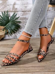 Damen Einfarbige Strand Flache Spitze Zehentrenner, Lässige Mode Outdoor Sandalen für den Sommer - Brauner Leopardenmuster - Übersicht 6
