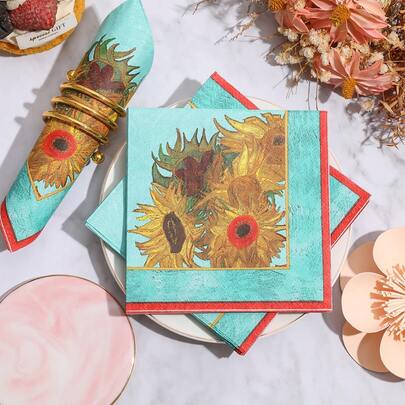 20PCS,3-Ply Paper Napkins, Van Gogh Sunflower Napkins, Art Print Napkins, 4.92x4.92 Inch, Disposable Tableware, Home Decor, Floral Napkins