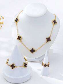 1 pièce Collier fleur, 1 pièce Bracelet fleur, 1 pièce Bague fleur, Ensemble de bijoux à la mode et décontracté avec fleur à quatre feuilles - Marron - Voir 5
