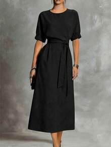 HUTENER Women's Mid-Length Solid Color Waist Cinched Side Slit Dress, Short Sleeve Round Neck, Essential For Commuting And Gatherings, Spring/Summer Black Elegant - Black - View 2