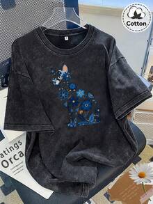 Summer Tops 2026 Y2K, Cool, Outdoor Sports, Modern Street Style, Oversized Washed 230g Fashion Pure Cotton Vintage Washed Women's T-Shirt, Fresh And Artistic Style, Blue Floral Cat Illustration Print, Washed Distressed Pure Cotton, Cat Lover's Daily Casual Short-Sleeve Summer Clothes - 黑色 - 查看 1
