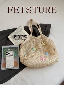 Summer Starfish & Shell Decor Mesh Tote Bag, Casual Beige Beach Shoulder Bag For Shopping & Vacation ,Holiday,Straw Bag - White - View 7