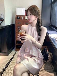 Women's Casual Sleeveless Dress With Ruffled Floral Design, Pink Elegant Summer - Pink - View 4