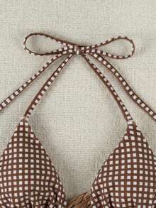 咖啡色格子露背比基尼三件套，网纱阔腿罩衫，性感度假风泳装 - 彩色 - 查看 5