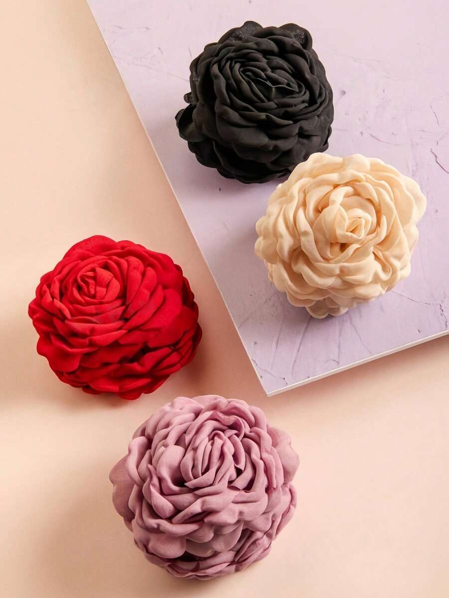 1个布艺3D玫瑰花发夹，玫瑰花造型发饰，适合日常佩戴和优雅的户外场合。 - 彩色 - 查看 1