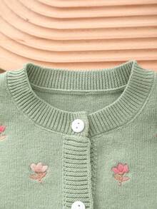 Cardigan Rajut Leher Bulat untuk Anak Perempuan dengan Bordir Bunga Buatan Tangan - Cadet Blue - View 3