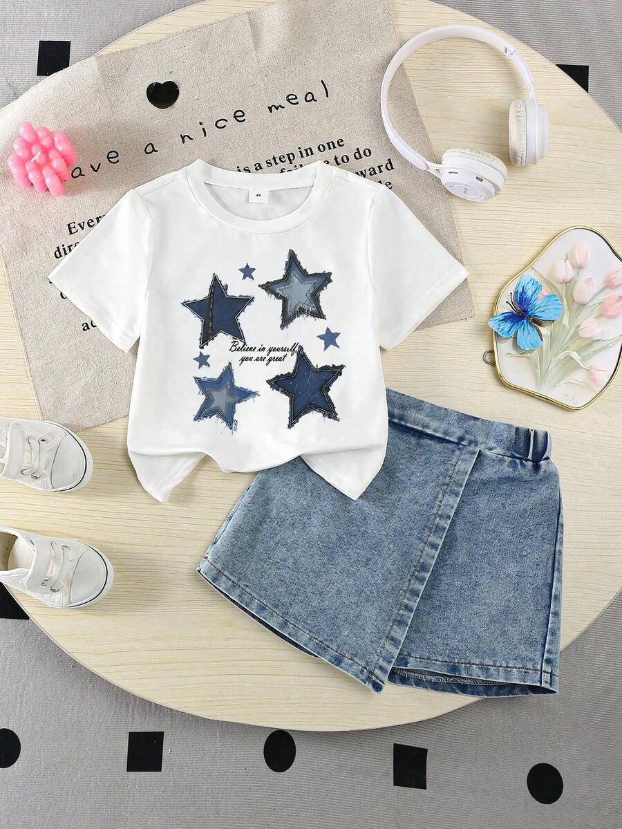Girls' Casual Cute Star Print Round Neck T-Shirt And Solid Color Denim Shorts Set, Summer - White - View 1