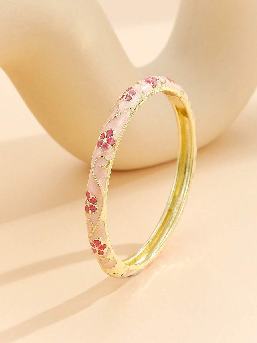 1pc Fashion New Gold-Plated Enamel Cloisonne Flower Pattern Bracelet Jewelry Gift For Women & Girls - Pink - View 1