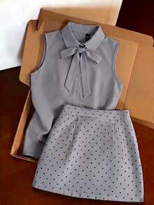 女士无袖衬衫领上衣+波点蝴蝶结前开衩半身裙两件套，无弹力面料，休闲风格 - 灰色 - 查看 1