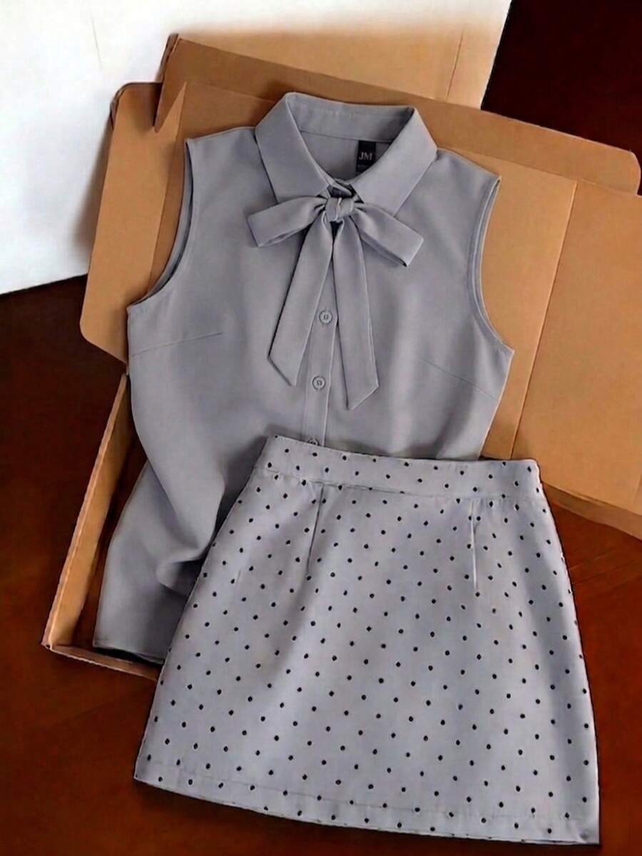 女士无袖衬衫领上衣+波点蝴蝶结前开衩半身裙两件套，无弹力面料，休闲风格 - 灰色 - 查看 1
