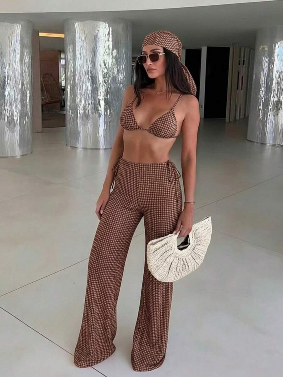 咖啡色格子露背比基尼三件套，网纱阔腿罩衫，性感度假风泳装 - 彩色 - 查看 1