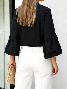 Camisa de mujer de unicolor, elegante y casual con mangas de campana - Nueva colección de primavera/otoño - Negro - Ver 7