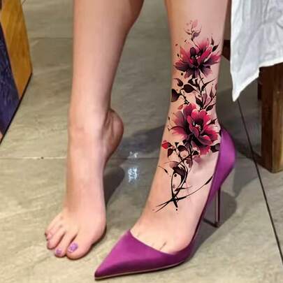 1张时尚酷炫临时纹身贴纸，情侣纹身，黑色仿真纹身，一次性使用，花卉玫瑰图案，防水不反光，易于粘贴和去除，高度逼真，男女皆宜，可贴于腿部、脚部、胸部、大腿、手臂、腰部、腹部等部位，音乐节派对用品