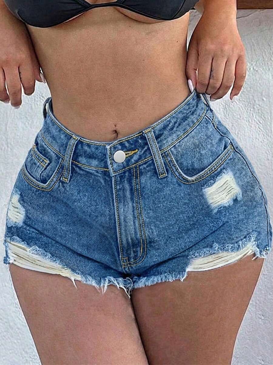 Shorts vaqueros cortos de verano casuales para mujer con lavado de piedra, rotos y efecto bigote de gato - Azul lavado medio - Ver 1