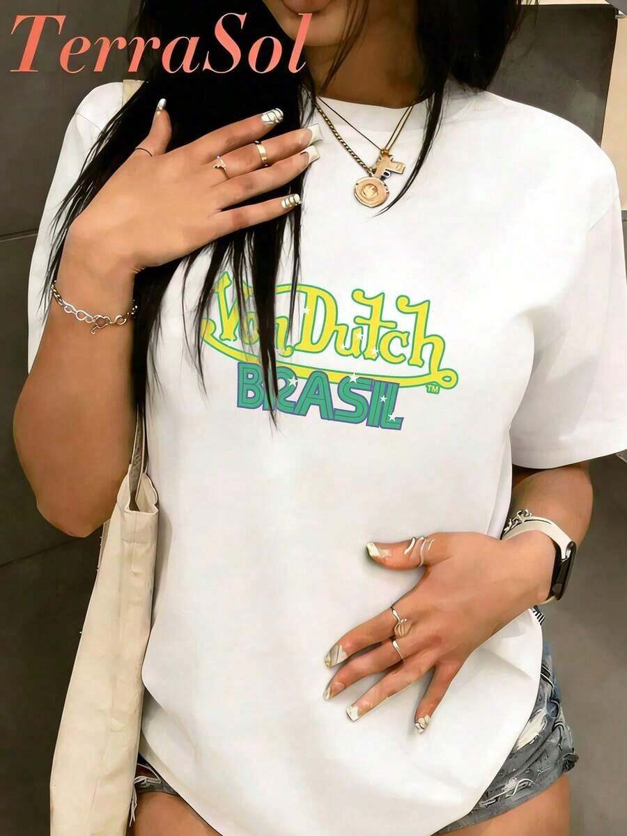 Summer TopsDUTCH Women's Casual Pure Cotton T-Shirt For Easter And St. Patrick's Day, Featuring A Simple And Cute Graphic Print, Round Neck, Short Sle - 白色 1 - 查看 1